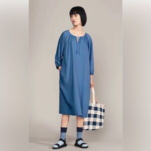 JW Anderson x Uniqlo Blue Linen Blend Gathered 3/4 Sleeve Midi Dress size M